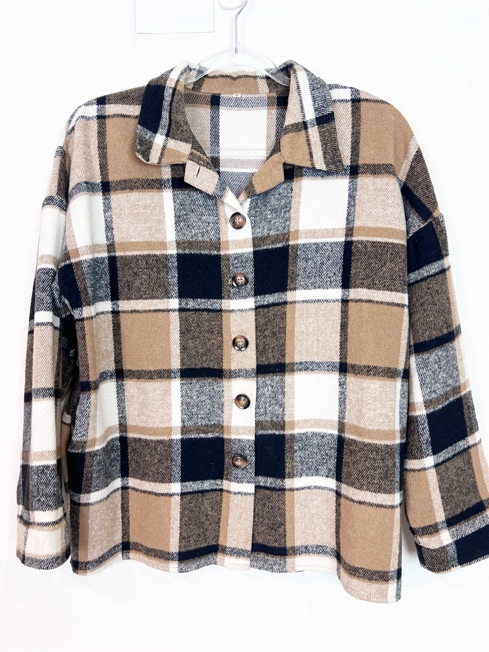 BOUTIQUE UNBRANDED BROWN BLACK PLIAD FLANNEL BUTTON FRONT SHACKETT MEDIUM